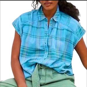 Anthropologie pilcro plaid popover collared shirt size large oversized